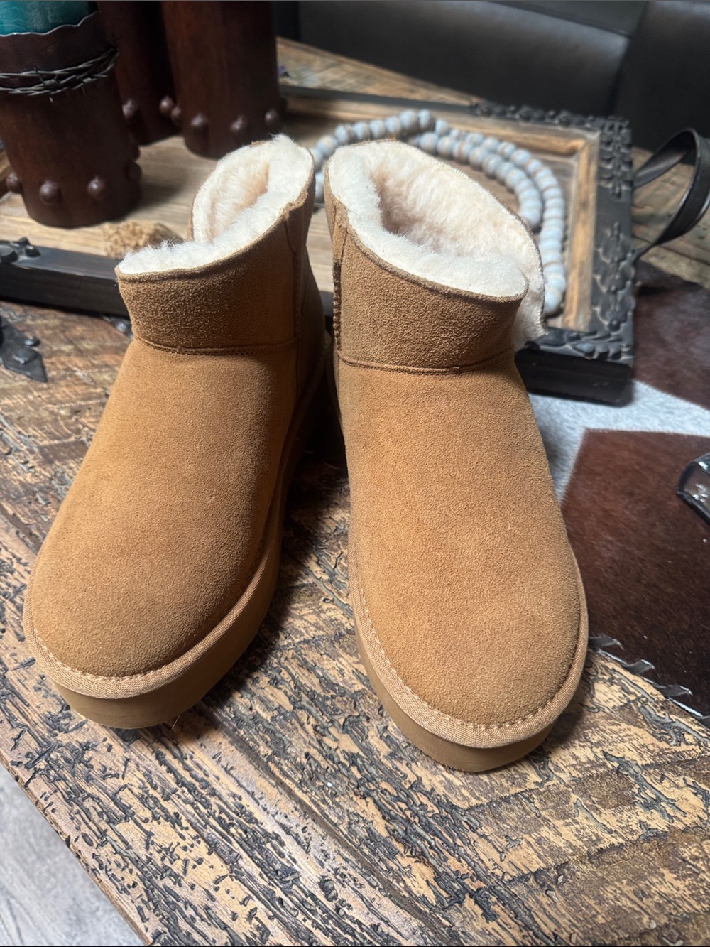 BearPaw Chestnut Suede Shearling Ankle Booties